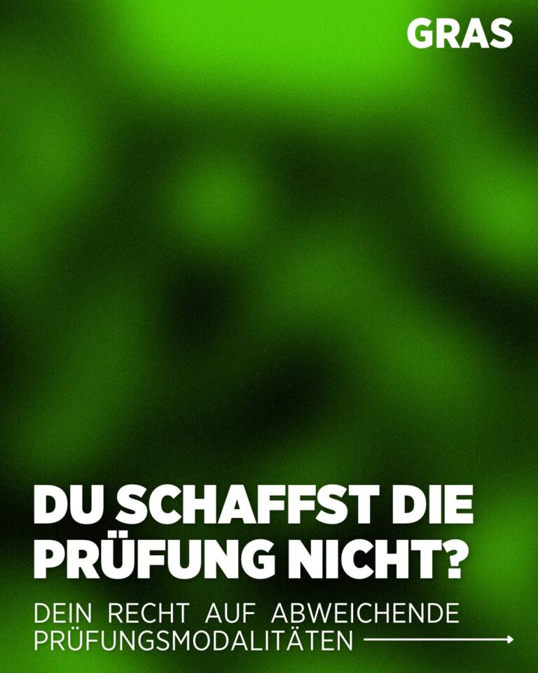 Grüner Hintergrund und darauf weißer Text: "du schaffst die Prüfung nicht? dein Recht auf alternative Prüfungsmethoden"